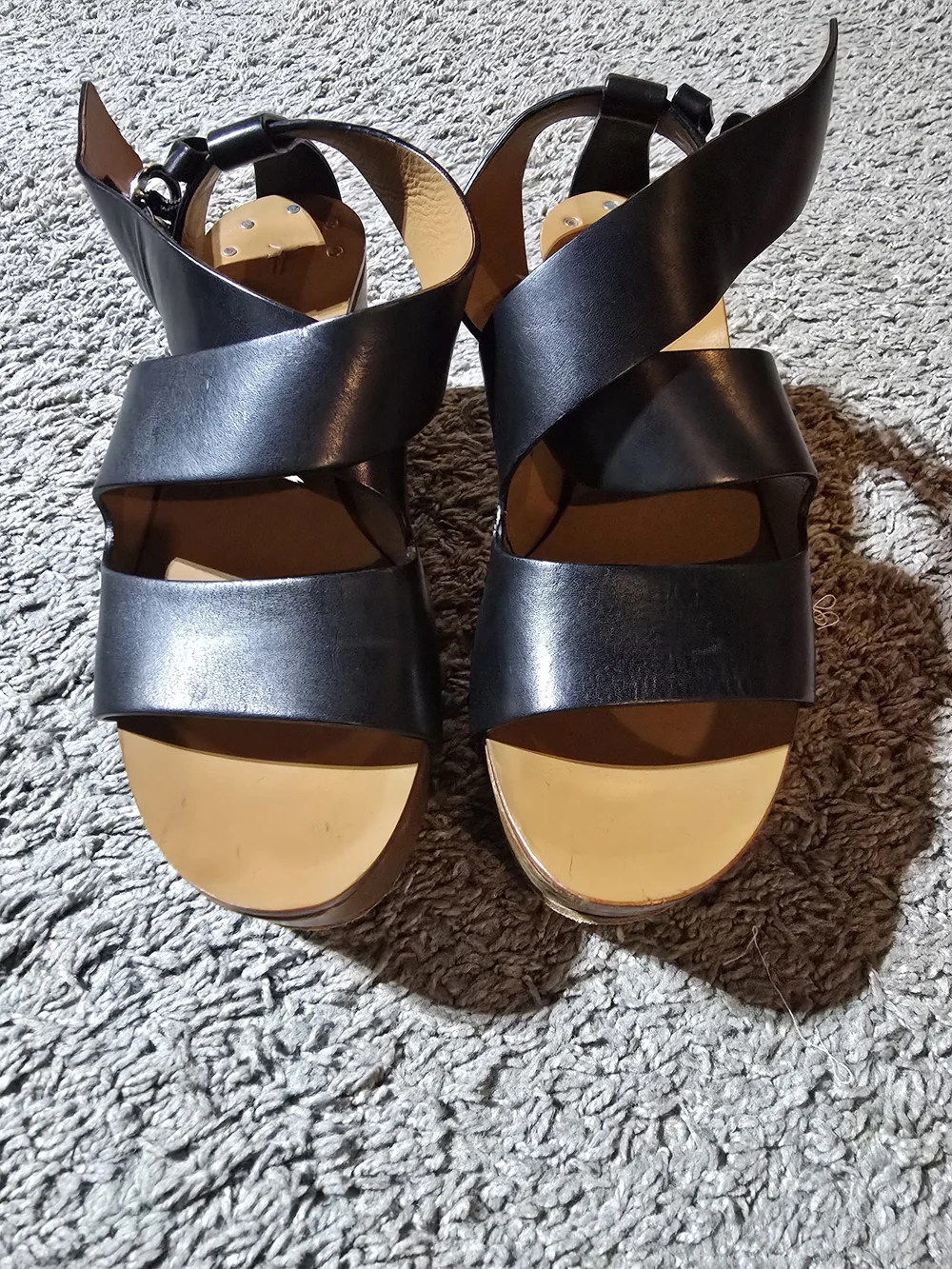 FRYE Black Studded Leather Wood Platform Sandals SZ10